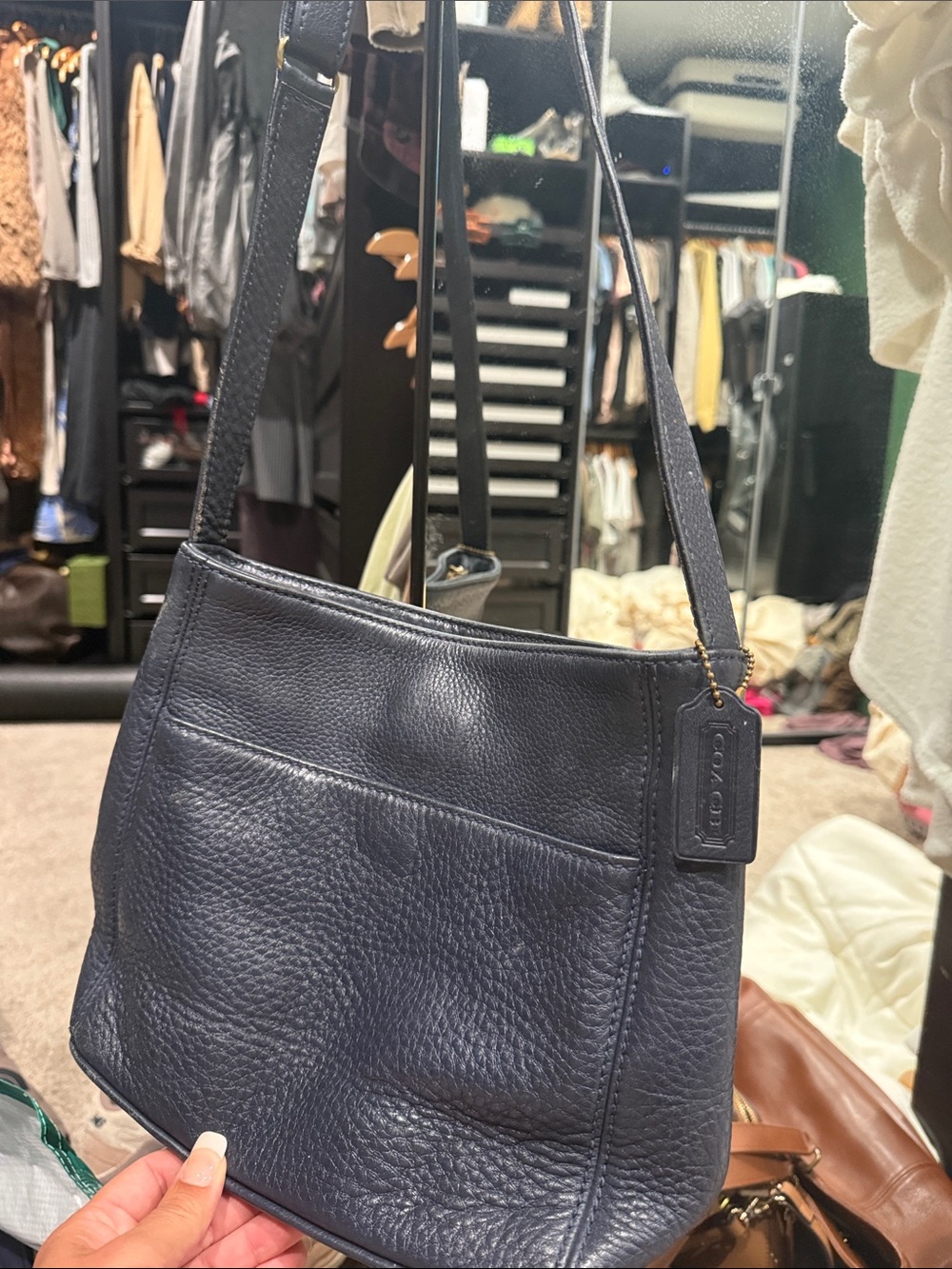 Coach Pebbled Leather Shoulder Bag in Navy